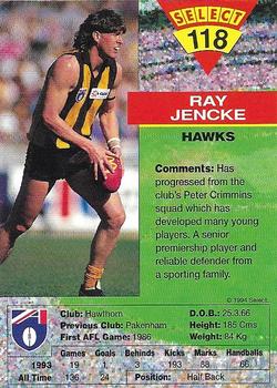 1994 Select AFL #118 Ray Jencke Back